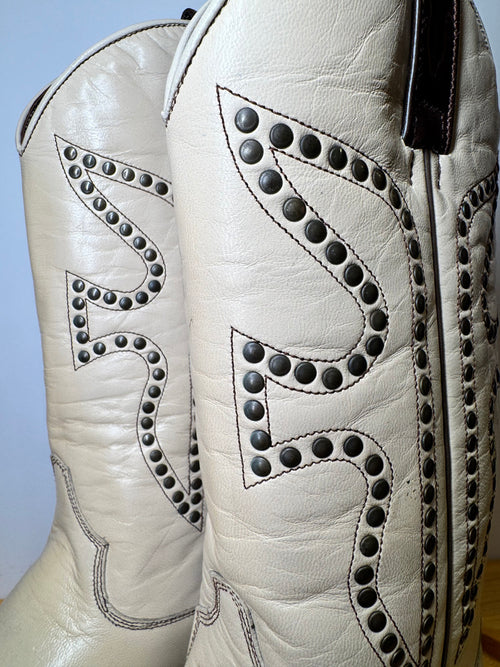 Botas Cowboy Frye Años 90 Blanco y Negro Piel Vintage Hechas en España