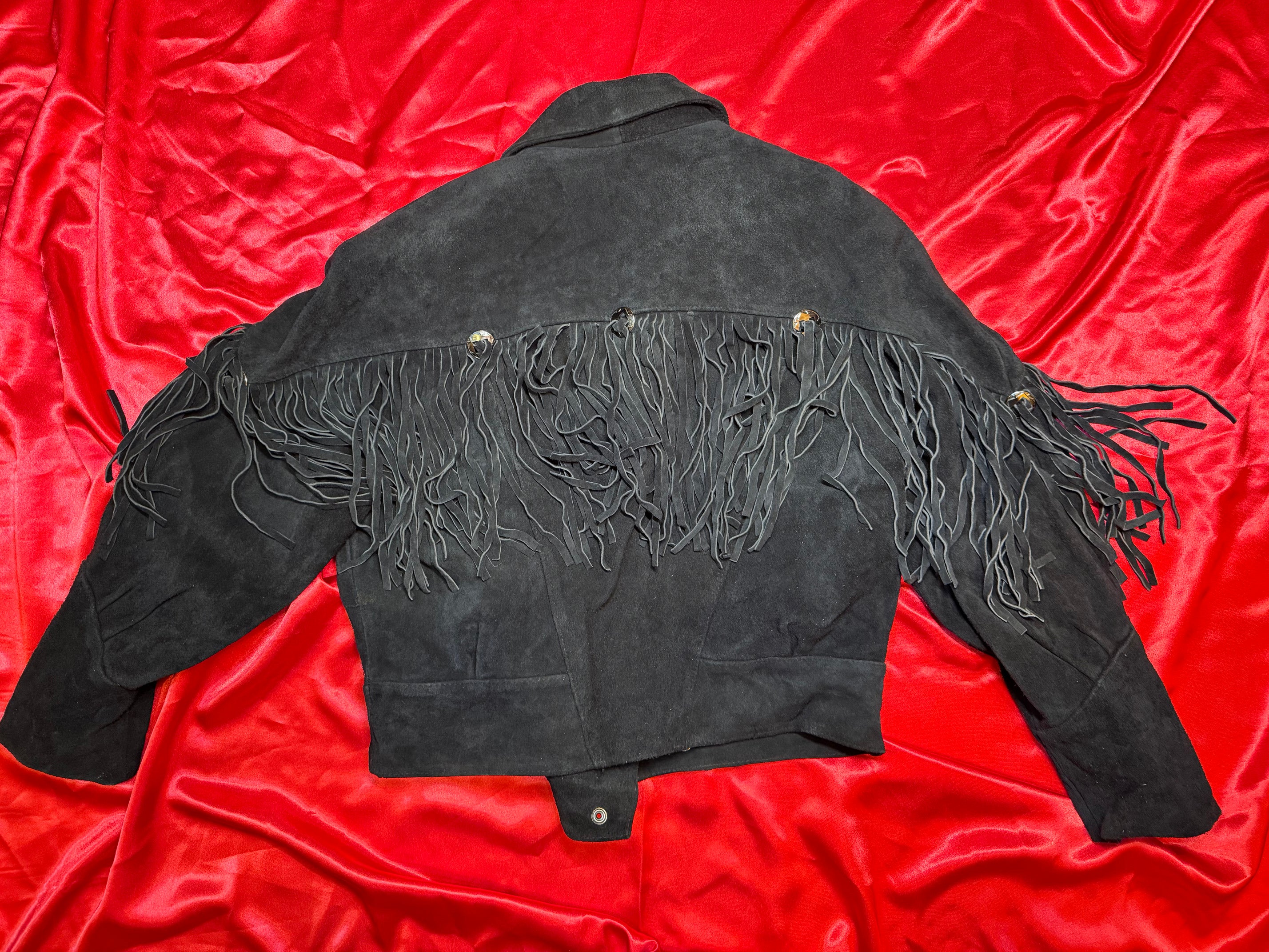 Chaqueta Vintage Yearbook – Flecos de Ante Negro Talla M