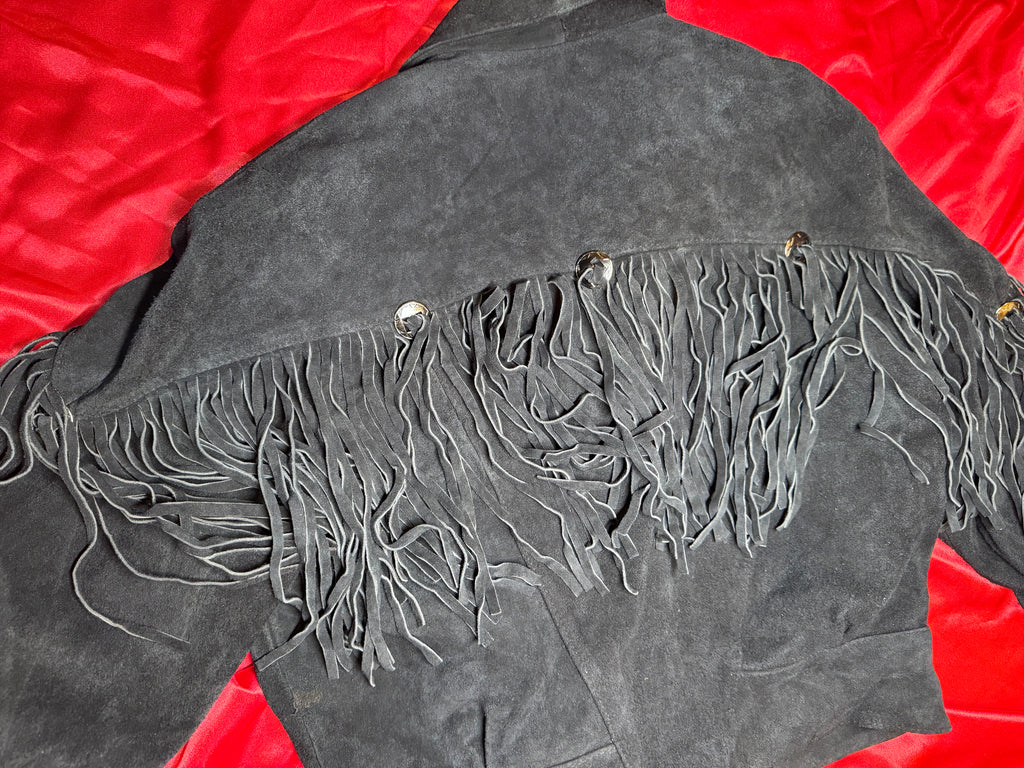 Chaqueta Vintage Yearbook – Flecos de Ante Negro Talla M