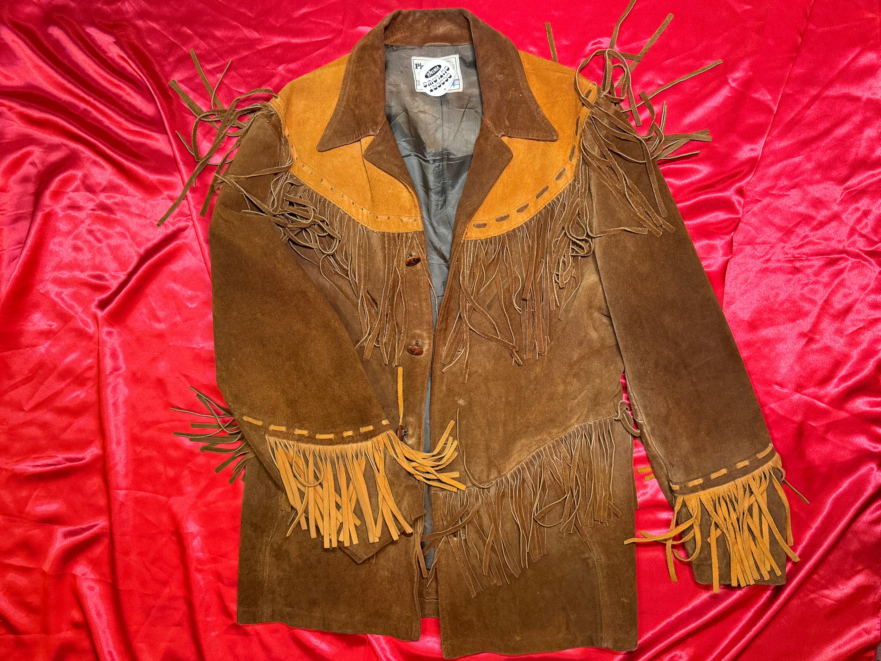 Chaqueta Western Pioneer Wear Albuquerque – Ante Marrón y Mostaza Flecos Gran Yugo USA Vintage Talla L