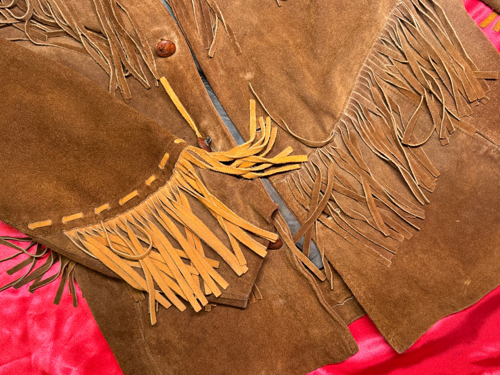 Chaqueta Western Pioneer Wear Albuquerque – Ante Marrón y Mostaza Flecos Gran Yugo USA Vintage Talla L
