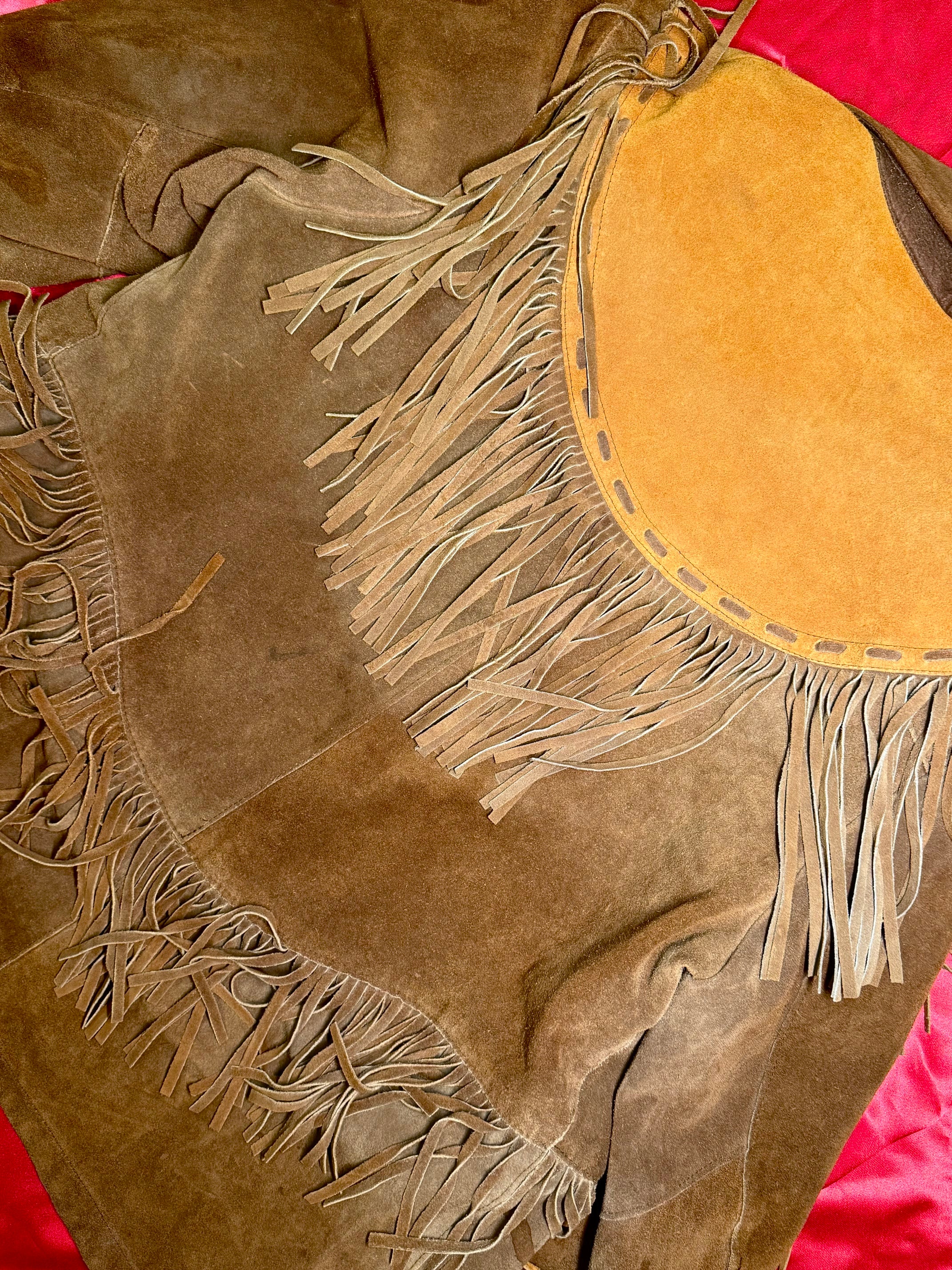 Chaqueta Western Pioneer Wear Albuquerque – Ante Marrón y Mostaza Flecos Gran Yugo USA Vintage Talla L