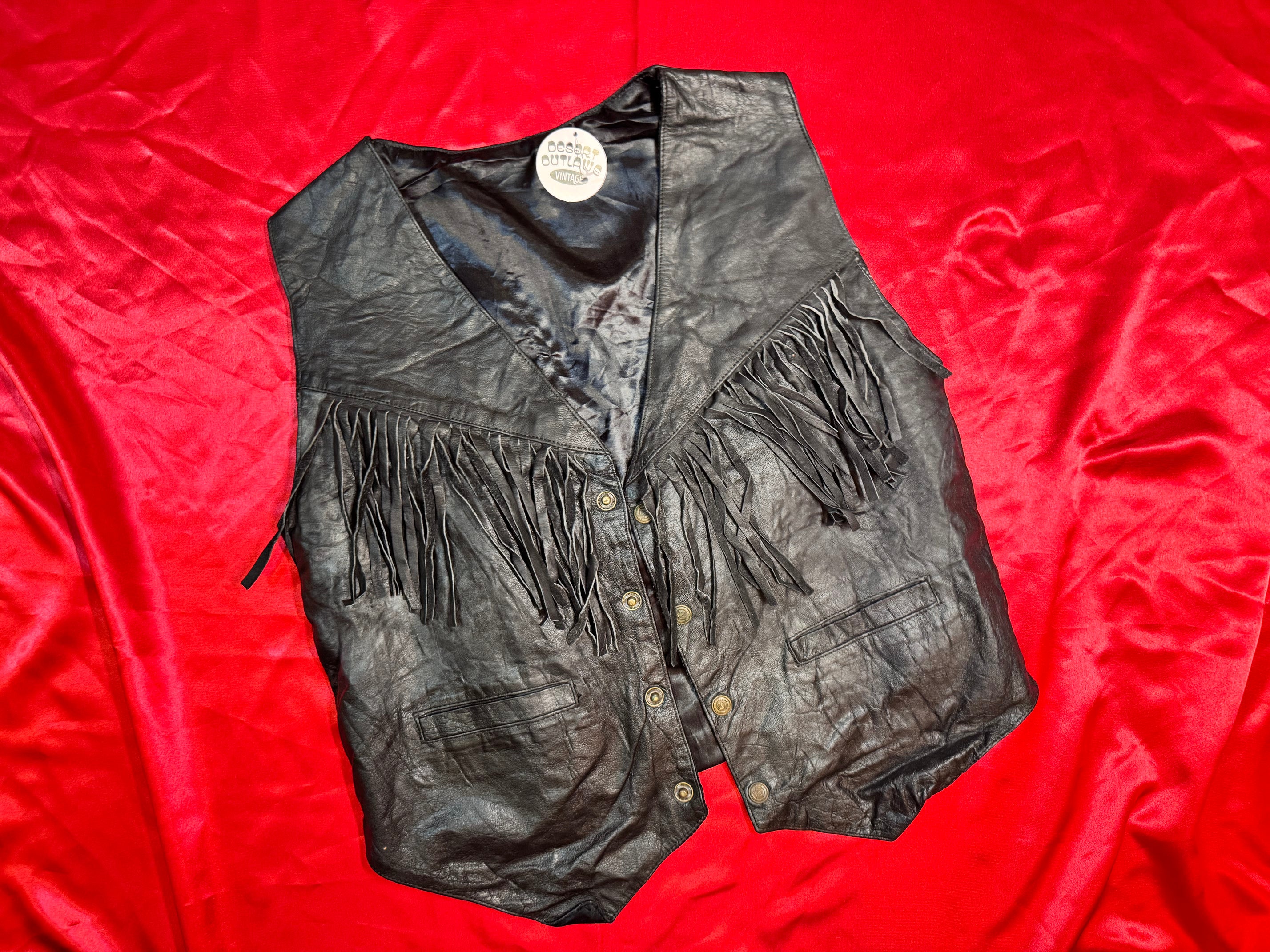 Chaleco Western Negro de Piel con Flecos – Vintage Biker/Country Talla L