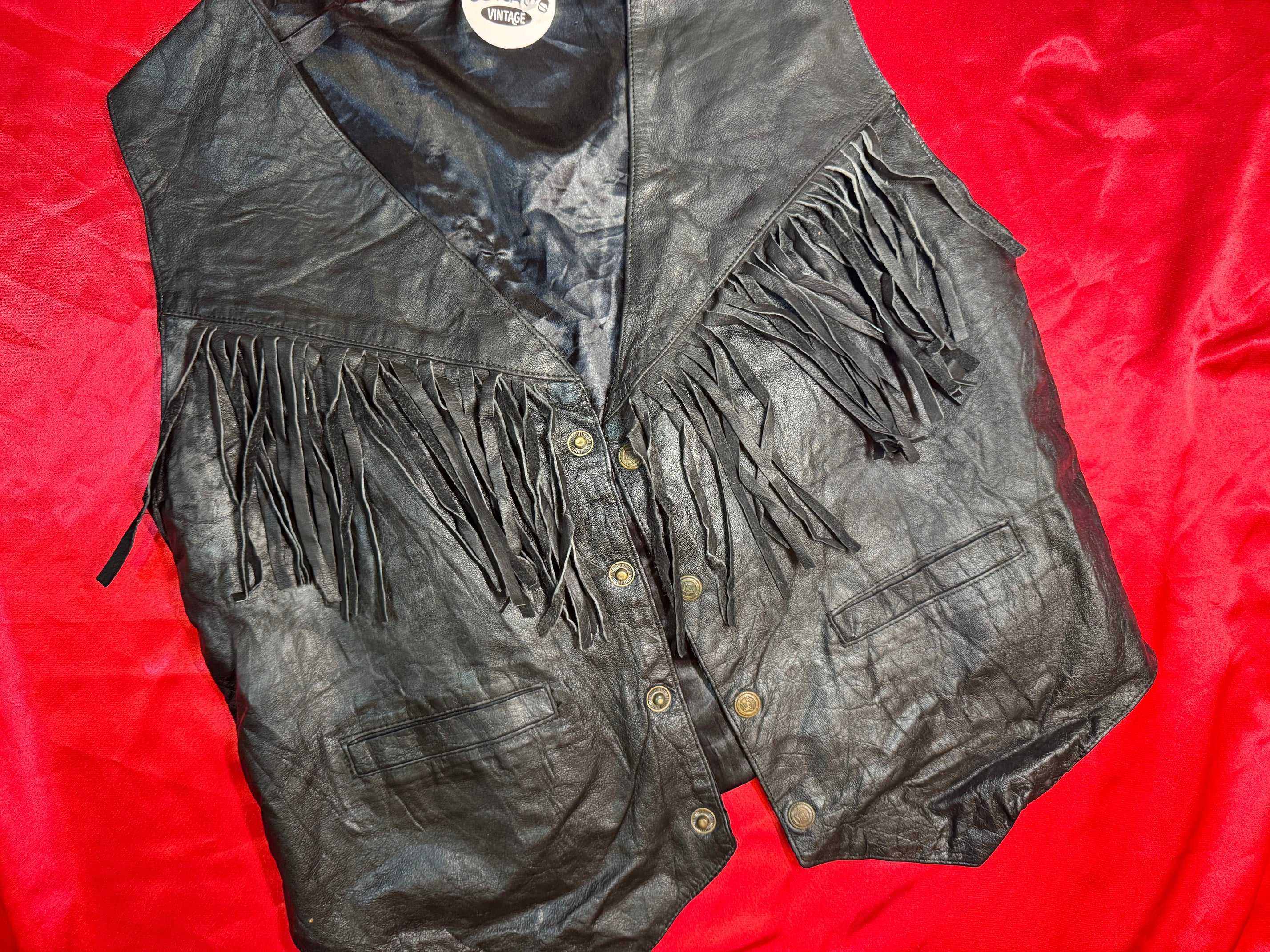 Chaleco Western Negro de Piel con Flecos – Vintage Biker/Country Talla L