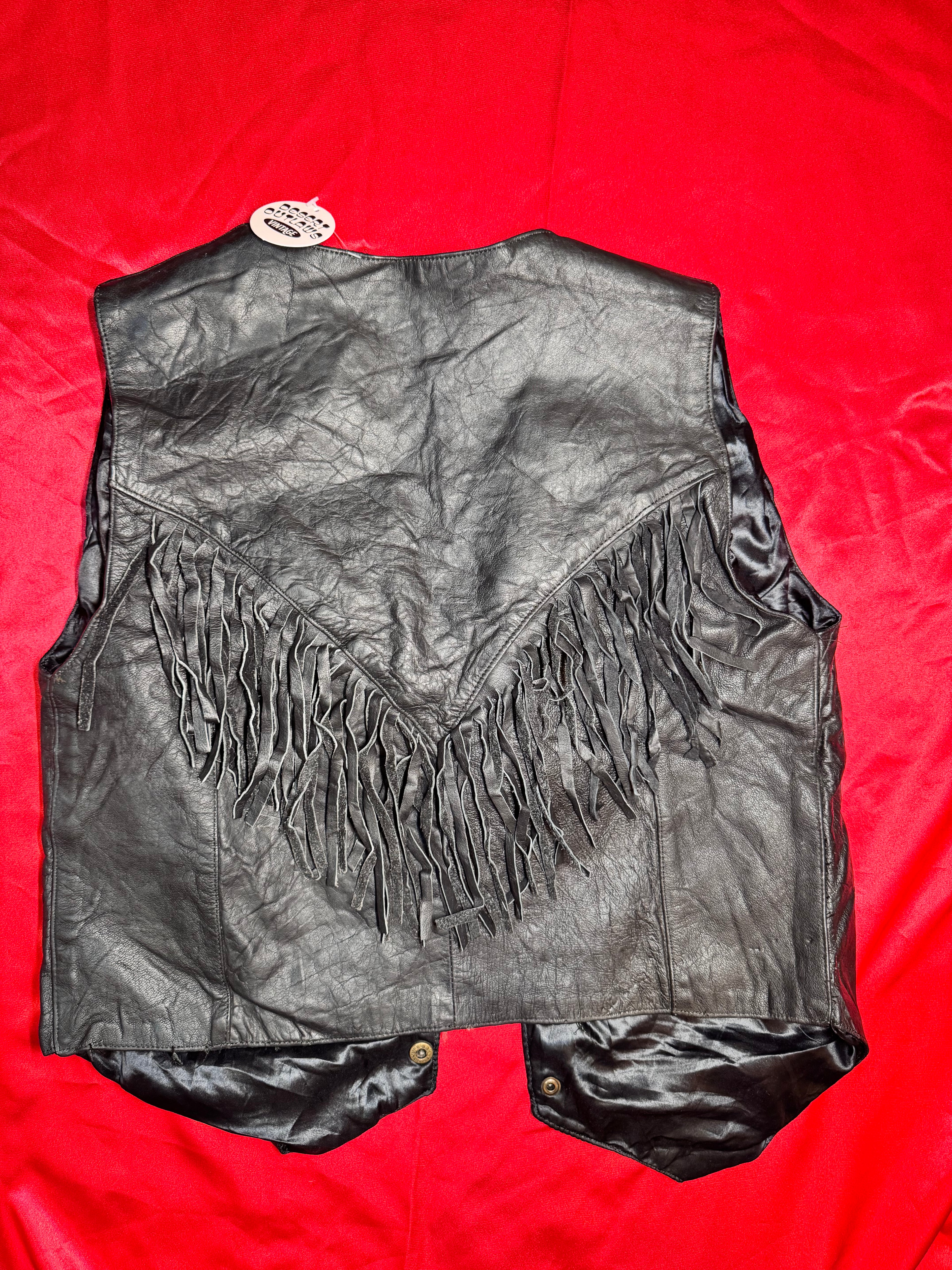 Chaleco Western Negro de Piel con Flecos – Vintage Biker/Country Talla L