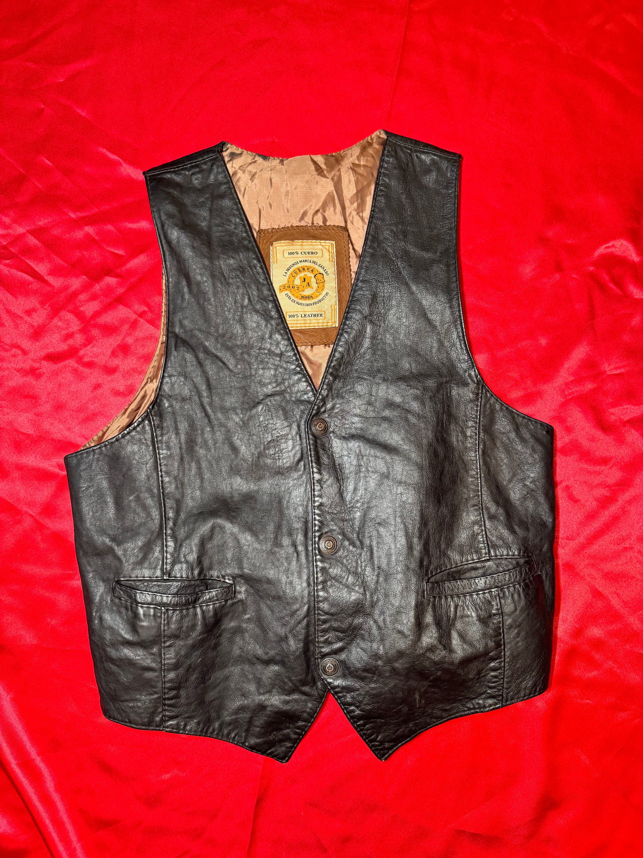 Chaleco Vintage Western Negro 100% Cuero – Con Hebilla y Forro Beige | Talla L