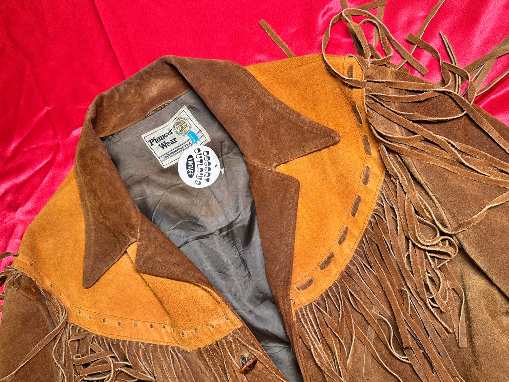 Chaqueta Western Pioneer Wear Albuquerque – Ante Marrón y Mostaza Flecos Gran Yugo USA Vintage Talla L