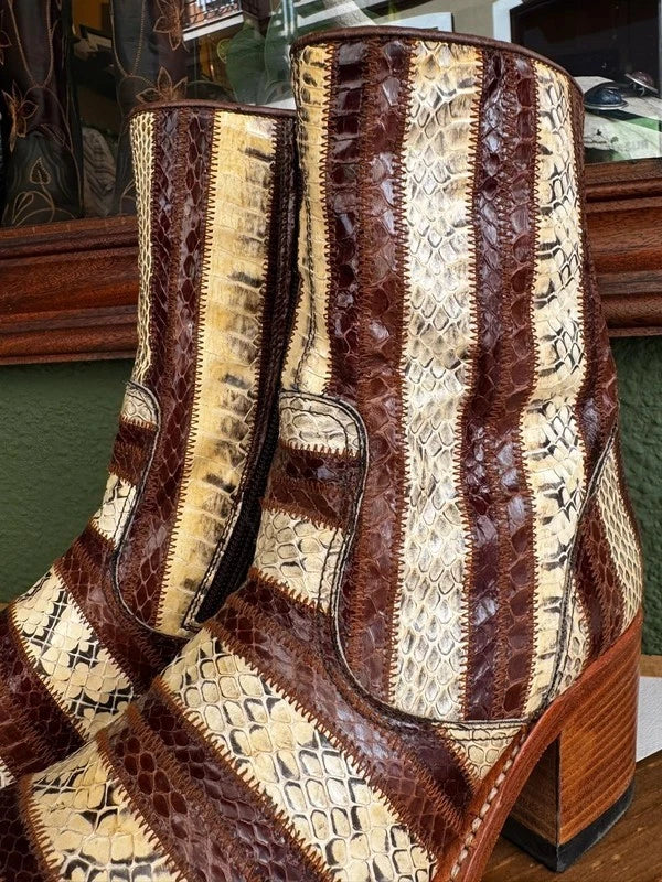 Botas Sendra Años 70 Vintage Patchwork Serpiente Marrón Beige