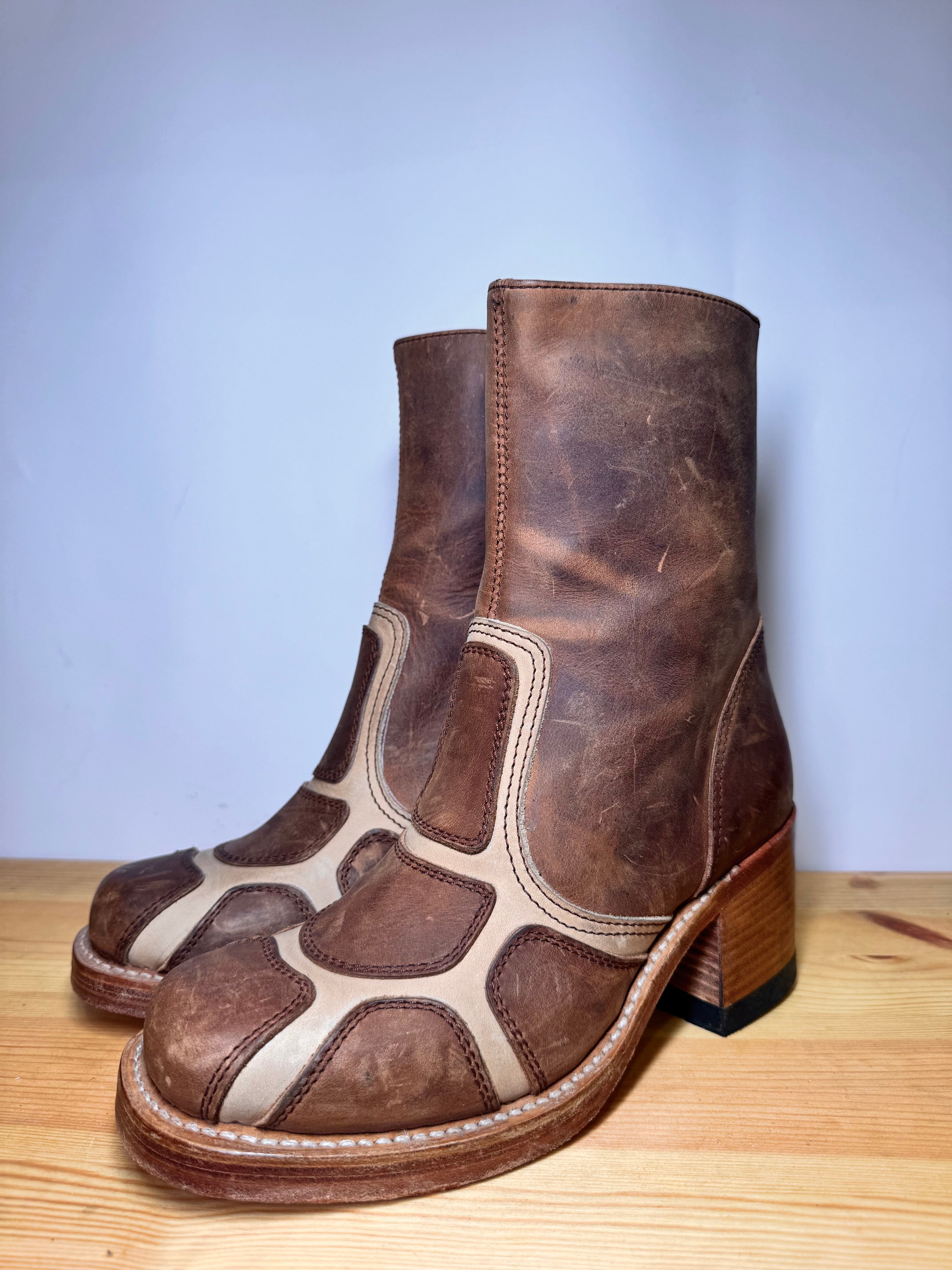 Botas Sendra Patchwork Vintage 70s – Cuero Marrón & Beige Talla 39 EU