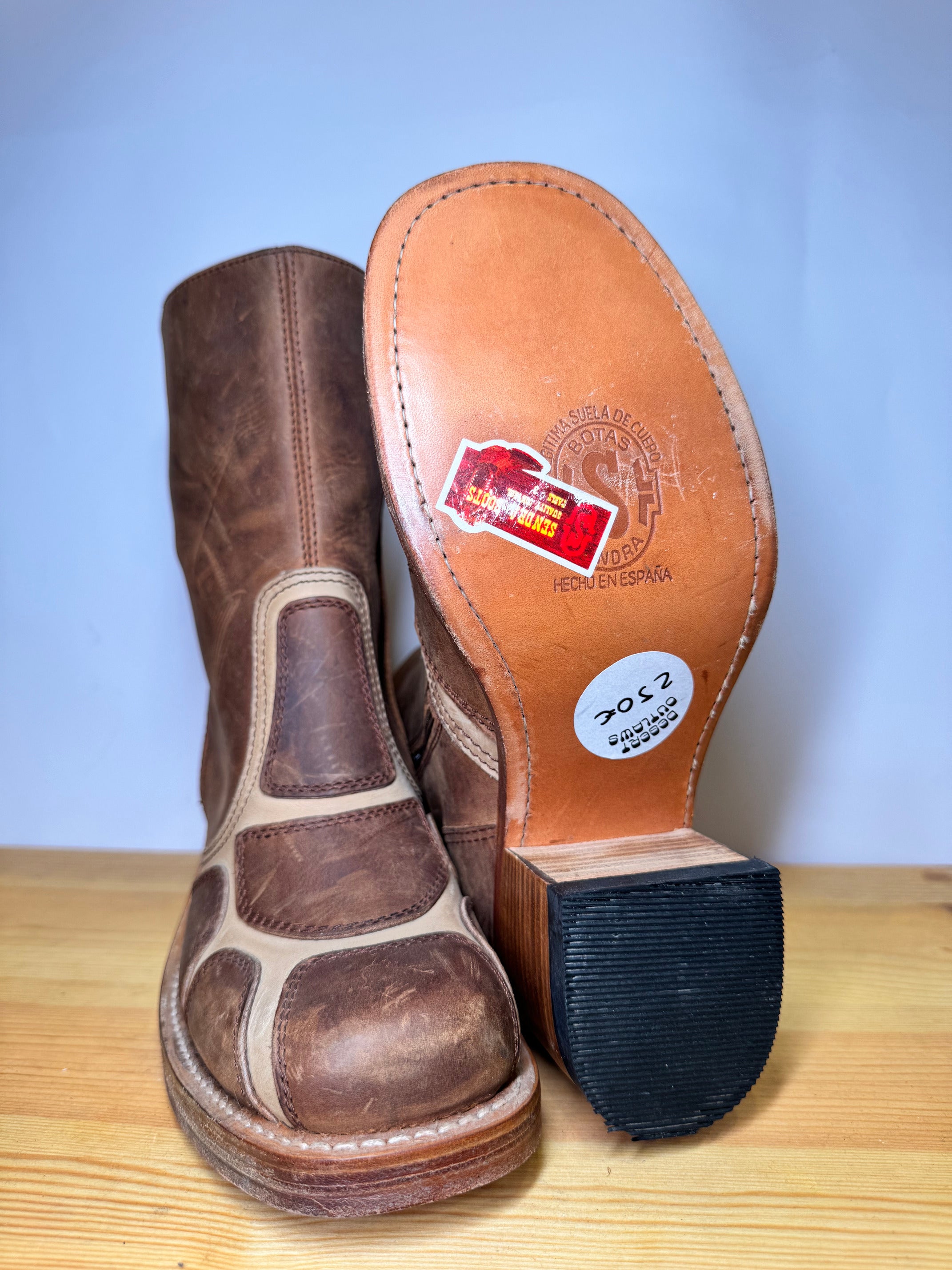 Botas Sendra Patchwork Vintage 70s – Cuero Marrón & Beige Talla 39 EU