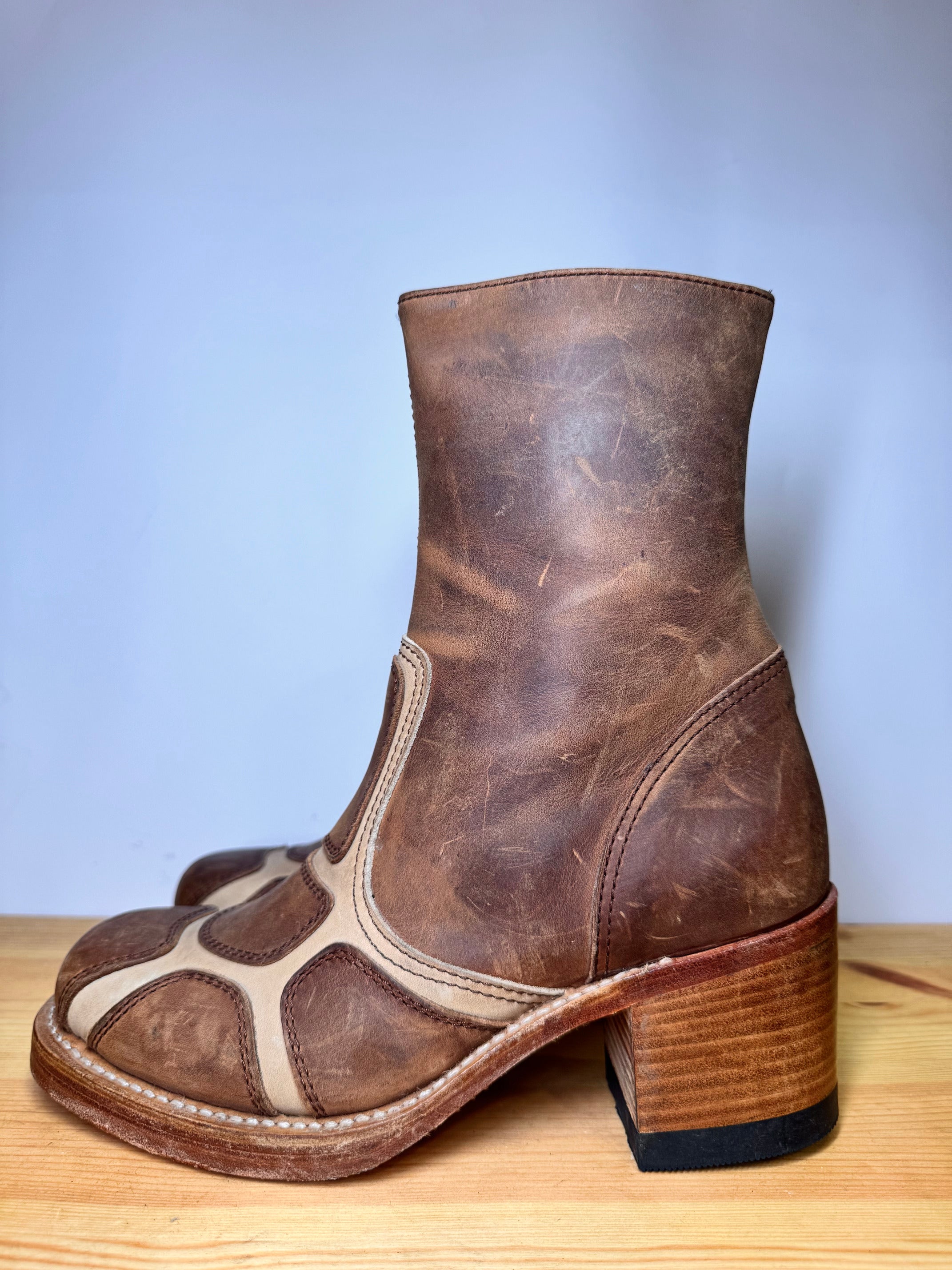 Botas Sendra Patchwork Vintage 70s – Cuero Marrón & Beige Talla 39 EU